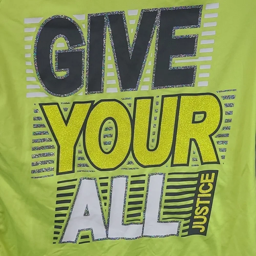 Justice Girls 12 Neon GIVE YOUR ALL Sporty Raglan Athletic Jersey Glitter Shirt